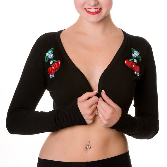 Banned Apparel Black Fine Knit Cherry patch Cropped Bolero Shrug Sweater , S, M - Picture 1 of 2